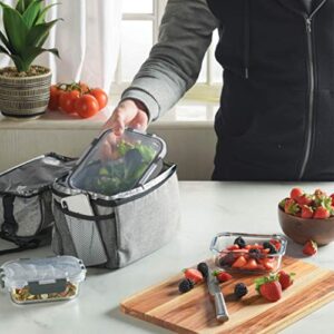 FINEDINE Lunch Bag with Glass Containers - Insulated Lunch Box for Women and Men - Leakproof Locking Lids & Ice Pack - 2-Compartment Cooler Tote for Work (Grey)