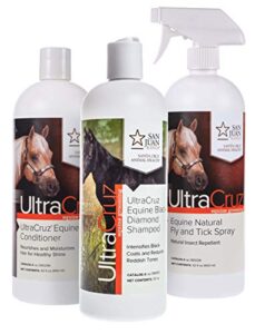 ultracruz equine black diamond horse shampoo, conditioner and fly & tick spray bundle, 32 oz each