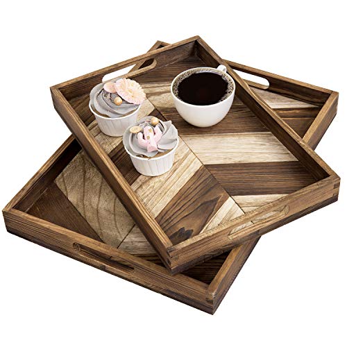 MyGift Large Wooden Nesting Breakfast Trays with Chevron Arrow Design - Burnt Brown Wood Snack Serving Tray with Cutout Handles, 2 Piece Set