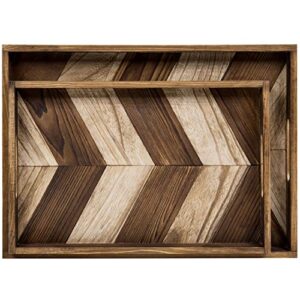 MyGift Large Wooden Nesting Breakfast Trays with Chevron Arrow Design - Burnt Brown Wood Snack Serving Tray with Cutout Handles, 2 Piece Set