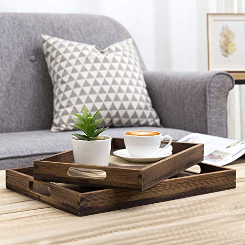 MyGift Large Wooden Nesting Breakfast Trays with Chevron Arrow Design - Burnt Brown Wood Snack Serving Tray with Cutout Handles, 2 Piece Set