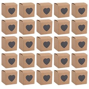 auear, 50 pack of kraft gift boxes with clear plastic heart window 2x2x2 inch treat gift boxes for cake candy cookies dessert