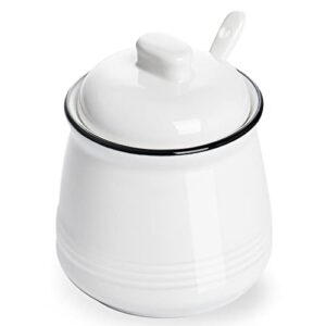 haotop porcelain salt bowl with lid and spoon,ceramic sugar bowl 12oz (white)
