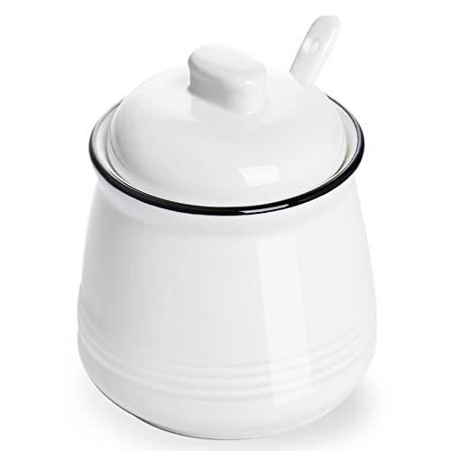 HAOTOP Porcelain Salt Bowl with Lid and Spoon,Ceramic Sugar Bowl 12oz (White)