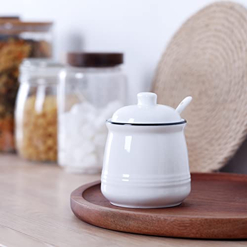 HAOTOP Porcelain Salt Bowl with Lid and Spoon,Ceramic Sugar Bowl 12oz (White)