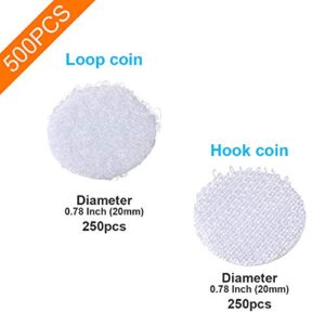 Self Adhesive Dots, 500Pcs(250 Pair Sets) 0.78 Inch / 20mm Diameter Hook and Loop Self Adhesive Dots Tape, Nylon Sticky Back Coins with High Viscocity Glue, Self Adhesive Hook and Loop Coin, White