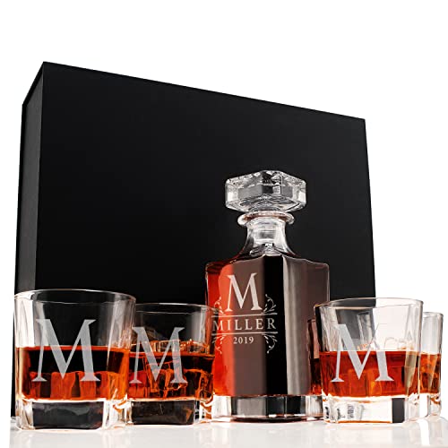 Personalized 5 pc Whiskey Decanter Set - 9 Design Options - Limited Edition, Custom Liquor Decanter | 25 Oz, 750ml Liquor Decanter w/ 4pcs Whiskey Glass Set #1