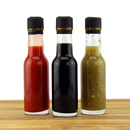 Cornucopia 3-Ounce Mini Hot Sauce Bottles (24-Pack); Little Sauce Bottles w/Red Caps, Dripper Inserts, and Black Shrink Bands