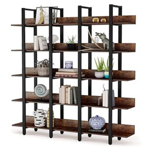 Tribesigns Rustic Triple Wide 5-Tiers Open Bookcase, Vintage Industrial Large 5 Shelf Bookshelf Furniture, Etagere Bookcases with Back Fence for Home Office Decor Display (Retro Brown)