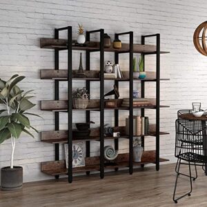 Tribesigns Rustic Triple Wide 5-Tiers Open Bookcase, Vintage Industrial Large 5 Shelf Bookshelf Furniture, Etagere Bookcases with Back Fence for Home Office Decor Display (Retro Brown)