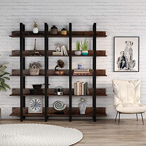 Tribesigns Rustic Triple Wide 5-Tiers Open Bookcase, Vintage Industrial Large 5 Shelf Bookshelf Furniture, Etagere Bookcases with Back Fence for Home Office Decor Display (Retro Brown)