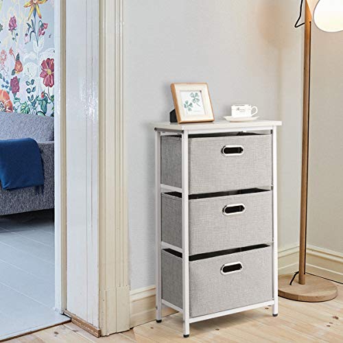 Giantex Vertical Dresser Storage W/ 3 Fabric Drawers,Easy Pull Fabric Bins,Steel Frame and Wood Top,3-Tier Organizer Tower Unit for Bedroom Hallway Entryway End Table (1, White)