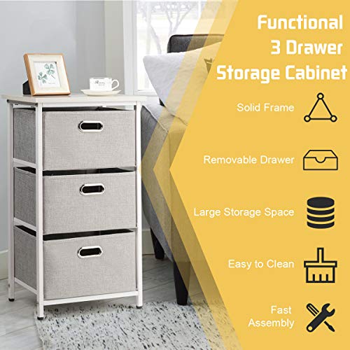 Giantex Vertical Dresser Storage W/ 3 Fabric Drawers,Easy Pull Fabric Bins,Steel Frame and Wood Top,3-Tier Organizer Tower Unit for Bedroom Hallway Entryway End Table (1, White)