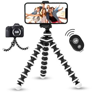 talk works flexible tripod for iphone, android, camera - bendable legs, adjustable stand holder with mini wireless remote for selfies, vlogging, beauty/makeup, live streaming/recording - black