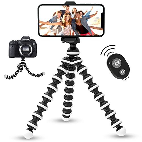 TALK WORKS Flexible Tripod for iPhone, Android, Camera - Bendable Legs, Adjustable Stand Holder with Mini Wireless Remote for Selfies, Vlogging, Beauty/Makeup, Live Streaming/Recording - Black