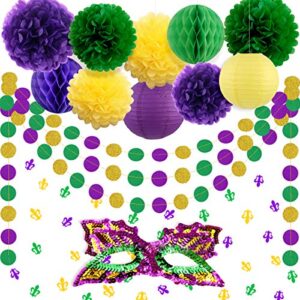 mardi gras decorations set for fat tuesday private party masquerade mask, de lis confetti and paper decorations