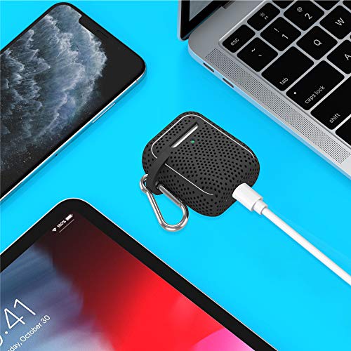 TALK WORKS AirPods Case Cover with Keychain - Protective Hard Silicone Skin for AirPods Keychain Case Clip Carabiner Wireless Charging Compatible with Apple Air Pod Carrying Case Series 1 & 2 - Black