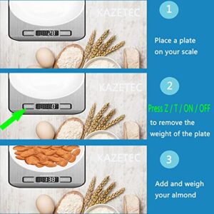 KAZETEC Digital Kitchen Scale,Multifunction Food Scale Measure Weight(MAX:11LB/5KG/176OZ)Accurately,Stainless Steel Scale Digital Weight,Large LCD Display,Waterproof,4 Unit(g/ml/oz/lb)