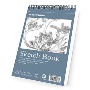 bachmore sketchpad 5.5x8.5 inch (68lb/100g), 100 sheets of spiral bound sketch book for artist pro & amateurs | marker art, colored pencil, charcoal for sketching (1 pack)
