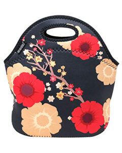 allydrew insulated neoprene lunch bag zipper lunch box tote, blossoms dark