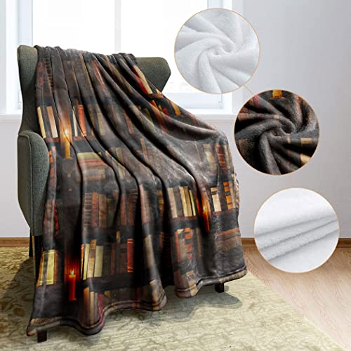 XSMEI Vintage Library Blanket Soft Warm Flannel Plush Throw Blankets Vintage Bookshelf with Candle Lighting,60 x 80 Inch