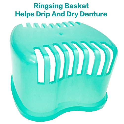 Denture Brush Retainer Case, Denture Case,Denture Cups Bath,Dentures Container with Basket Denture Holder for Travel,Mouth Guard Night Gum Retainer Container (Green)