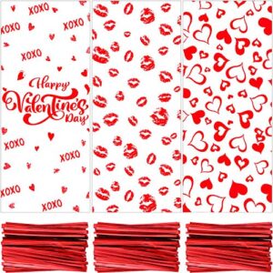 150 pieces valentine cellophane bags treat bags goodies bags candy bags with 150 pieces twist ties for valentine's day party favor supplies (lip, heart and happy valentine's day design)