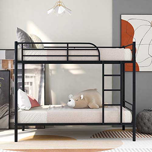 Harper & Bright Designs Twin Over Twin Metal Bunk Bed with Removable Ladder, Heavy Duty Bed Frame with Safety Guard Rails for Kids Teens Adults, Black
