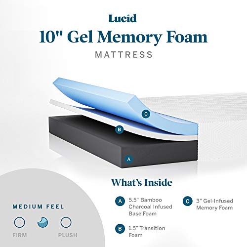 LUCID 10 Inch Memory Foam Medium-Plush - Gel Infusion – Hypoallergenic Bamboo Charcoal- Queen Size Mattress