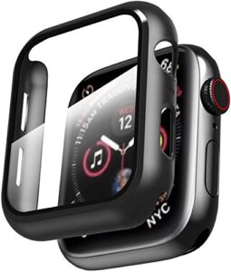 smiling case compatible with apple watch series 6/se/series 5/series 4 44mm with built in tempered glass screen protector,overall protective hard pc case ultra-thin cover- black