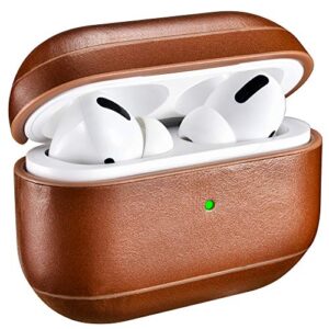 AirPods Pro Case, ICARER Airpod Pro Leather Case Genuine Leather Portable Protective Shockproof Cover for Apple AirPods Pro Support Wireless Charging and Led Visible (Brown)