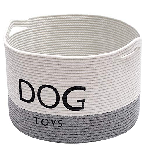 Geyecete Dog Storage Basket Round Weave Rope Basket Dog Toy Storage Basket - Laundry Basket Storage Bin Pet Toy Storage Boxes -White/Gray