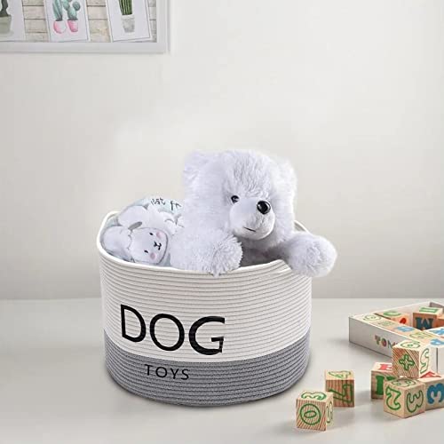 Geyecete Dog Storage Basket Round Weave Rope Basket Dog Toy Storage Basket - Laundry Basket Storage Bin Pet Toy Storage Boxes -White/Gray