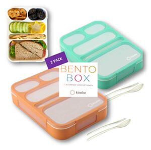 bento box for adults kids lunches, meal prep lunch-boxes for women girls boys | leakproof snack containers for toddlers portion control container bpa free | green + orange, 5 compartments, 2 pack