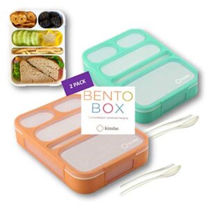 Bento Box for Adults Kids Lunches, Meal Prep Lunch-Boxes for Women Girls Boys | Leakproof Snack Containers for Toddlers Portion Control Container BPA Free | Green + Orange, 5 Compartments, 2 pack