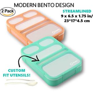 Bento Box for Adults Kids Lunches, Meal Prep Lunch-Boxes for Women Girls Boys | Leakproof Snack Containers for Toddlers Portion Control Container BPA Free | Green + Orange, 5 Compartments, 2 pack