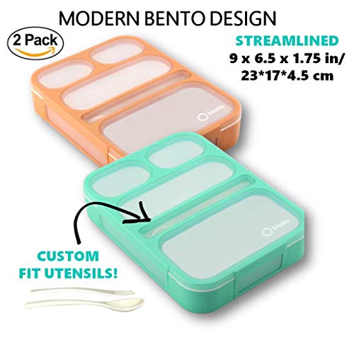 Bento Box for Adults Kids Lunches, Meal Prep Lunch-Boxes for Women Girls Boys | Leakproof Snack Containers for Toddlers Portion Control Container BPA Free | Green + Orange, 5 Compartments, 2 pack