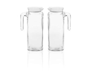 bormioli rocco frigoverre jug with airtight lids set of 2 glass pitchers with hermetic sealing, easy pour spout with handle –for water, juice, iced coffee & iced tea. (39 ounce = set of 2)
