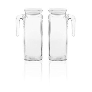 Bormioli Rocco Frigoverre Jug With Airtight Lids Set of 2 Glass Pitchers With Hermetic Sealing, Easy Pour Spout with Handle –For Water, Juice, Iced Coffee & Iced Tea. (39 Ounce = Set of 2)