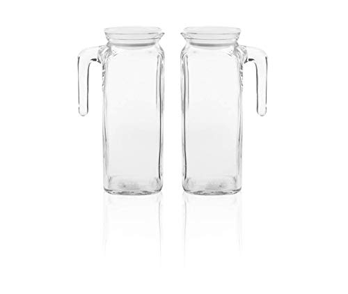 Bormioli Rocco Frigoverre Jug With Airtight Lids Set of 2 Glass Pitchers With Hermetic Sealing, Easy Pour Spout with Handle –For Water, Juice, Iced Coffee & Iced Tea. (39 Ounce = Set of 2)