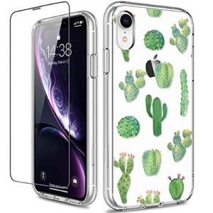 giika iphone xr case with screen protector, clear heavy duty protective case floral girls women shockproof hard pc back case with slim tpu bumper cover phone case for iphone xr, green cactus