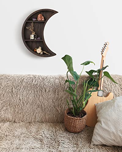 Dahey Moon Shelf Wall Mounted Moon Wall Decor Crystal Display Shelf Crescent Wooden Floating Shelves Hanging Storage for Living Room Bedroom Bathroom Kitchen Witchy Room Decor, 12" L×3" D×16" H