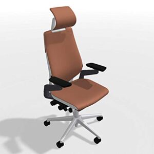 Steelcase Gesture Office Desk Chair with Headrest in Elmosoft Genuine Saddle L147 Leather Plus Lumbar Support High Platinum Metallic Frame with Seagull Seat/Back Merle Arms (Light/Light)