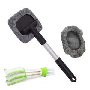 steve yiwu windshield window cleaner tool, car window cleaner 180°rotating car cleaning brush retractable handle,2 washable microfiber cover with free 1pc green car crevice brush nice gift