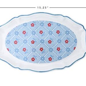 Creative Co-Op 15.25" Floral Stoneware Blue Scalloped Rim Platter