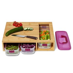 bamboo cutting board with containers-4 piece set-3 stack able containers with one purple lid-food storage-chopping/dicing/slicing-meal prep station-kitchen essential-space saver