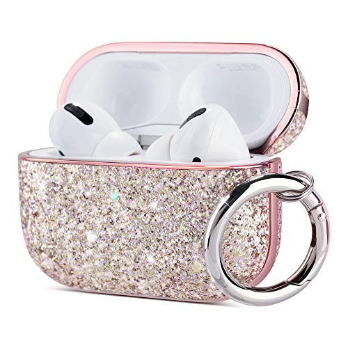 ULAK Compatible with AirPods Pro Case, Glitter AirPods Pro 1st Generation Case for Women Girls Bling Sparkle Leather Shockproof Protective iPods Pro Cover with Keychain for AirPod Pro 2019, Pink