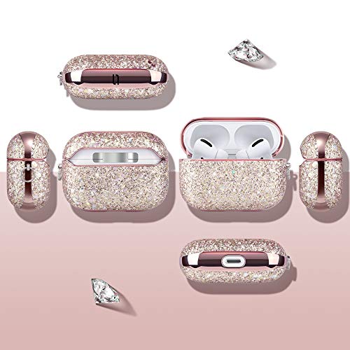 ULAK Compatible with AirPods Pro Case, Glitter AirPods Pro 1st Generation Case for Women Girls Bling Sparkle Leather Shockproof Protective iPods Pro Cover with Keychain for AirPod Pro 2019, Pink