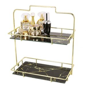 Simmer Stone Makeup Organizer Shelf, 2 Tier Cosmetic Storage Basket with Removable Glass Tray, Wire Vanity Organizer Rack for Dresser, Countertop, Bathroom and More, Gold