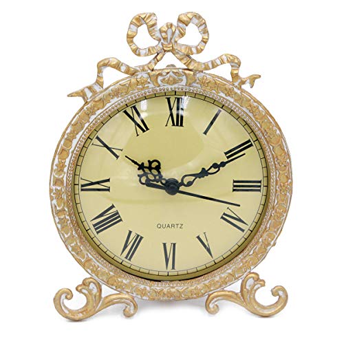 Funly mee Vintage Pewter Table Clock with Antique Golden Bow（Plexiglass Shell）